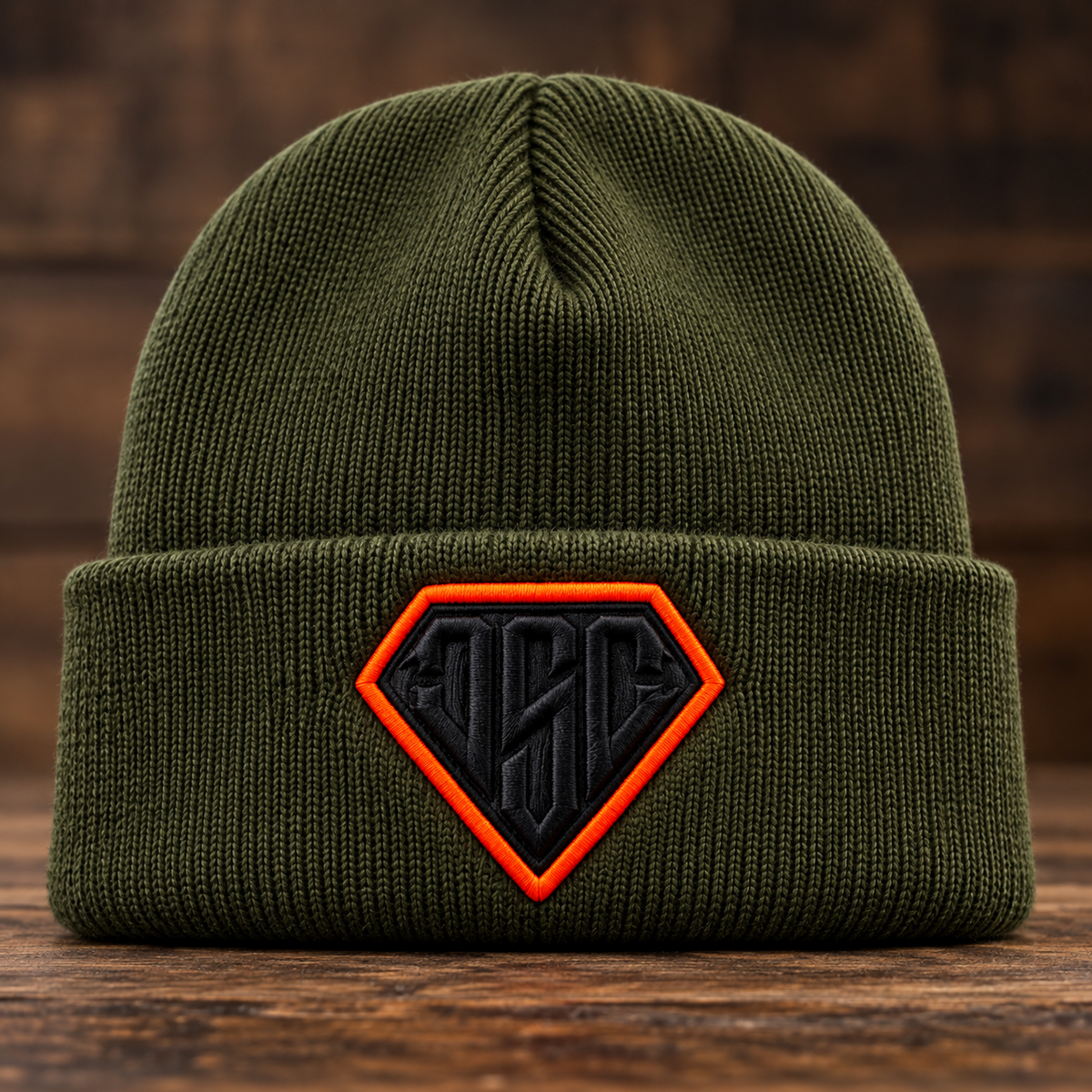 Olive green DSC beanie with blaze orange embroidery