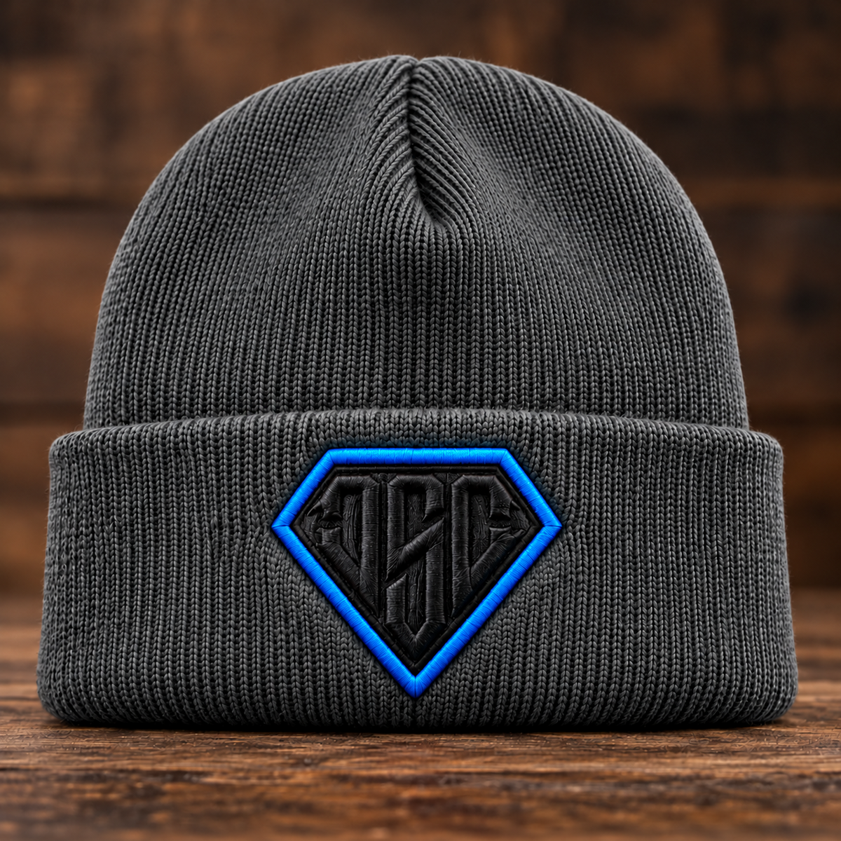 Slate gray DSC beanie with electric blue embroidery