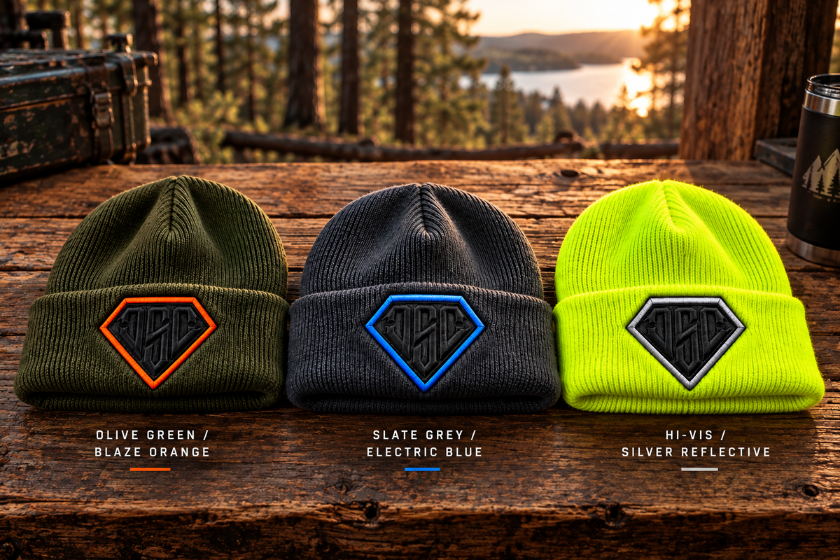 Three DSC embroidered beanies: olive, slate gray, and hi-vis