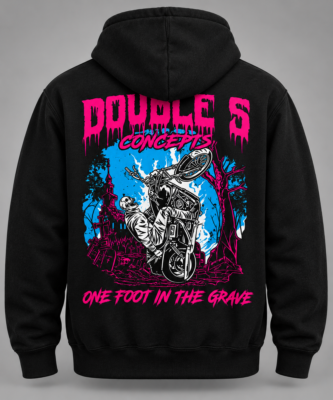 Jack The Ripper black Carhartt hoodie back with One Foot in the Grave wheelie graphic
