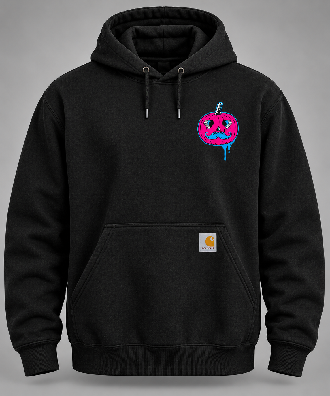 Jack The Ripper black Carhartt hoodie front with pink and blue pumpkin chest graphic