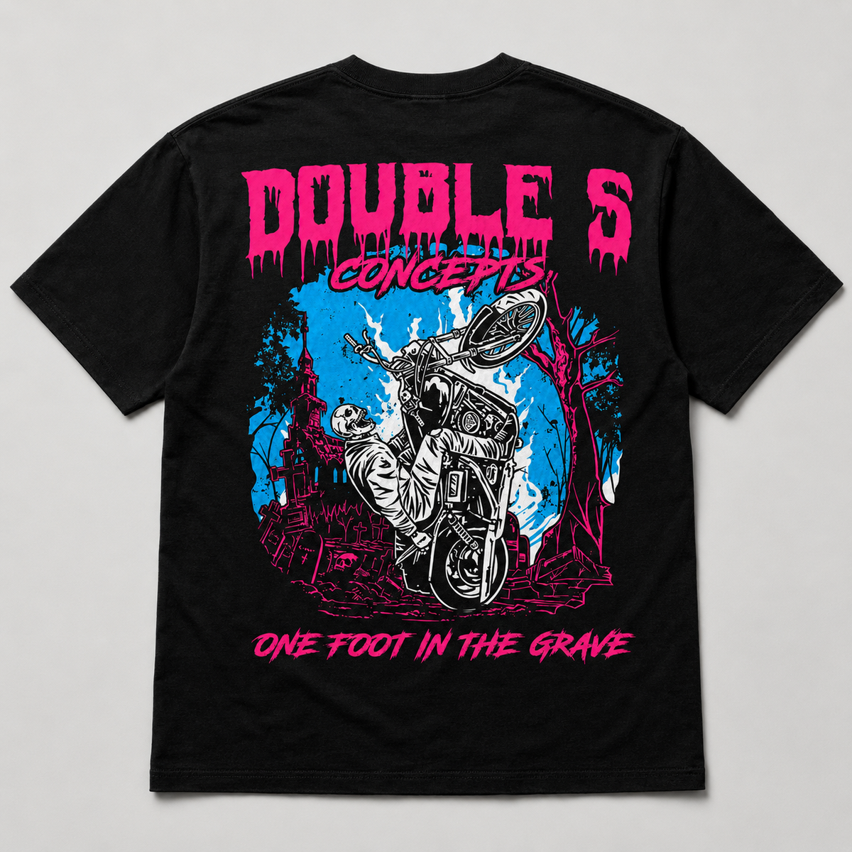 Jack The Ripper black tee back with One Foot in the Grave wheelie graphic