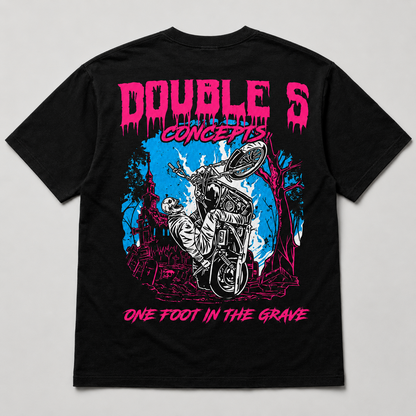 Jack The Ripper black tee back with One Foot in the Grave wheelie graphic