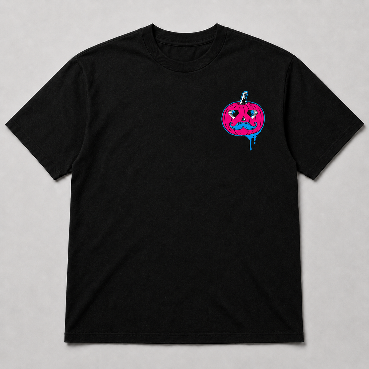 Jack The Ripper kids black tee front with pink and blue pumpkin chest graphic