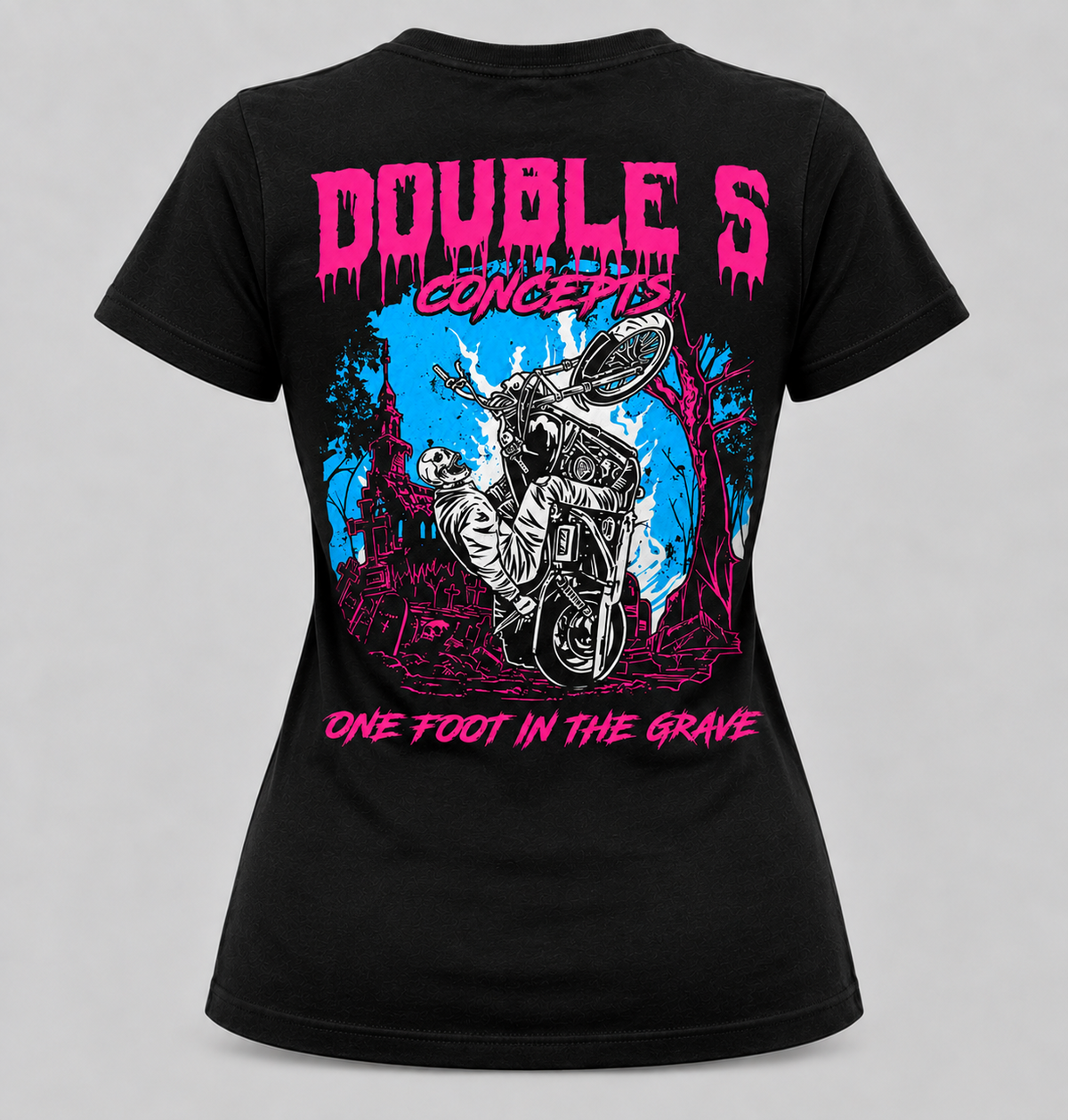 Jack The Ripper women's black fitted tee back with One Foot in the Grave wheelie graphic
