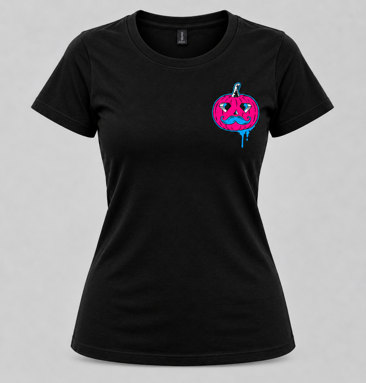 Jack The Ripper women's black fitted tee front with pink and blue pumpkin chest graphic
