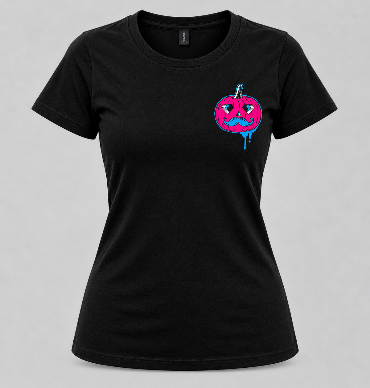 Jack The Ripper women's black fitted tee front with pink and blue pumpkin chest graphic