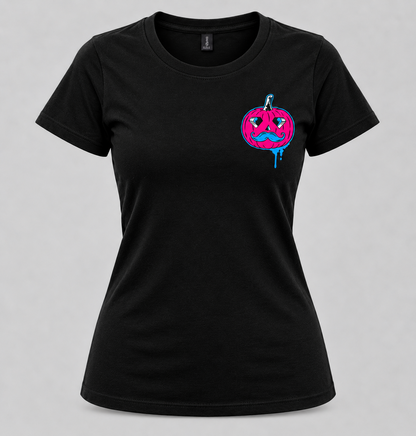Jack The Ripper women's black fitted tee front with pink and blue pumpkin chest graphic